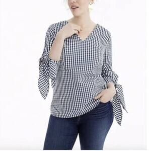 Universal Standard for J.Crew Womens Gingham Tie Sleeve Blouse Blue Med Preppy